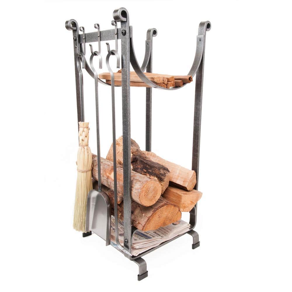 Enclume Handcrafted Sling Fireplace Log Rack with Newspaper Holder and  Tools Hammered Steel LR2NT HS - The Home Depot