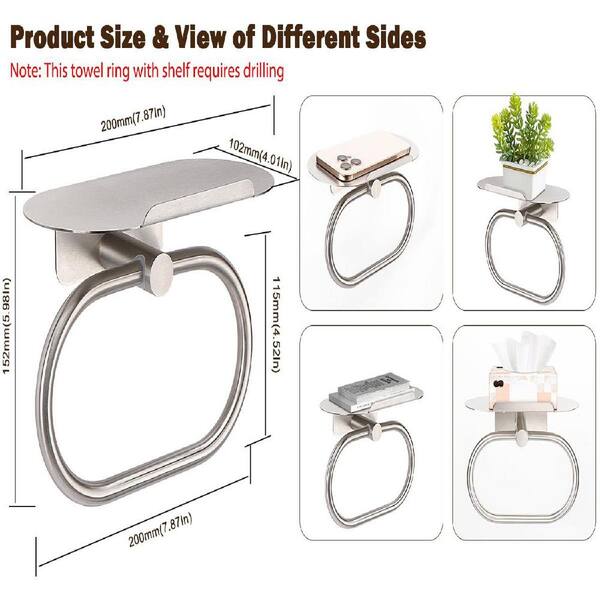 1 Pack 304 Stainless Steel Wall Mounted Towel Ring with Shelf, Heavy Duty Bath Accessories in Brushed Nickel