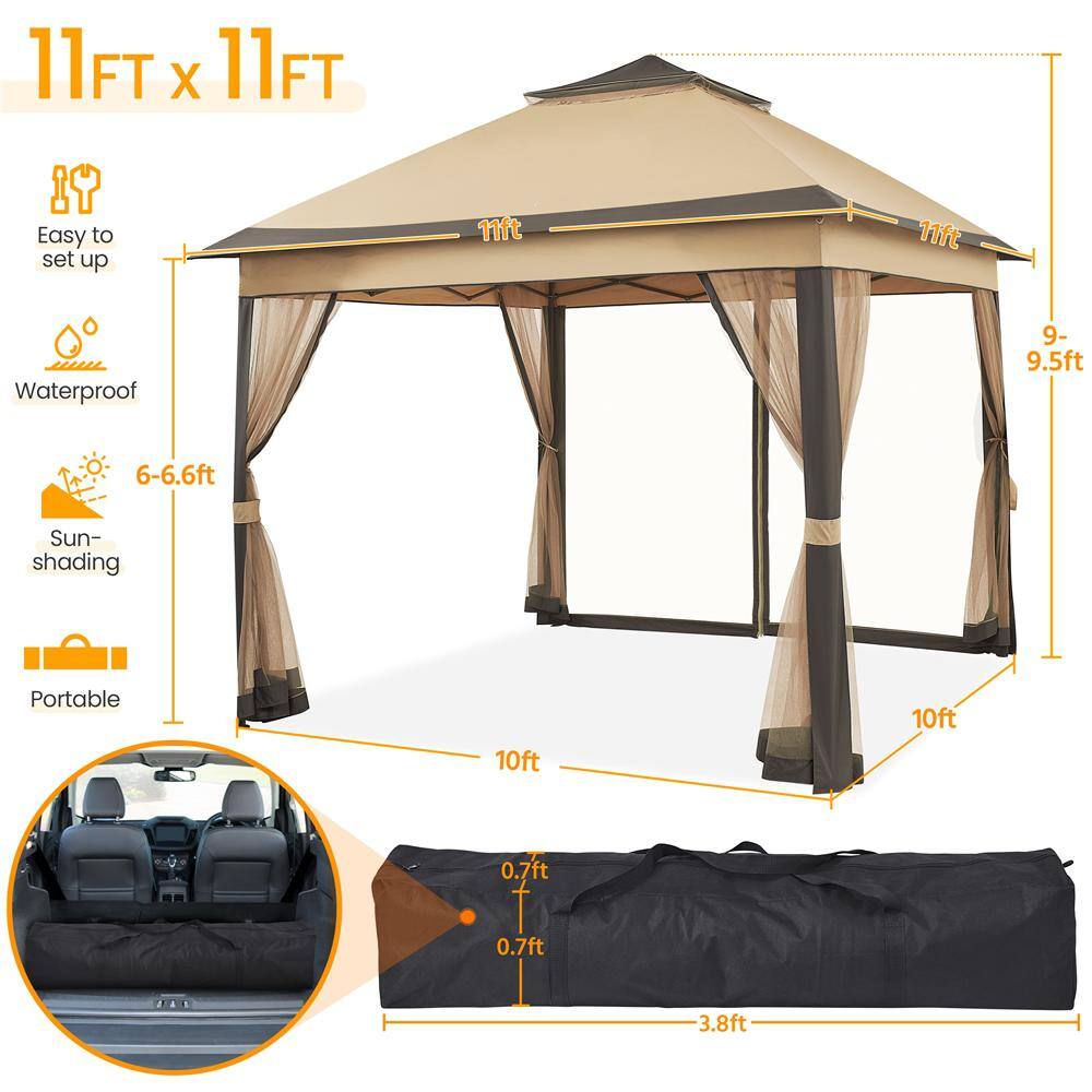 Beige and Brown 11x11 FT Adjustable Pop-Up Gazebo Tent