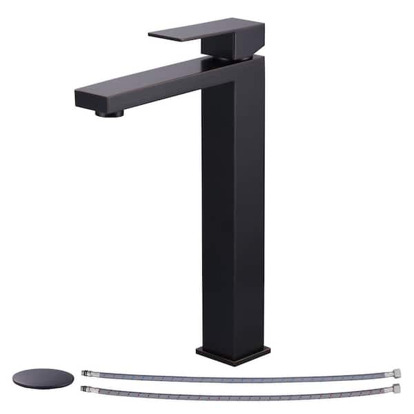 Single Handle Single Hole High Arc Bathroom Faucet with Pop-Up Drain in Oil Rubbed Bronze