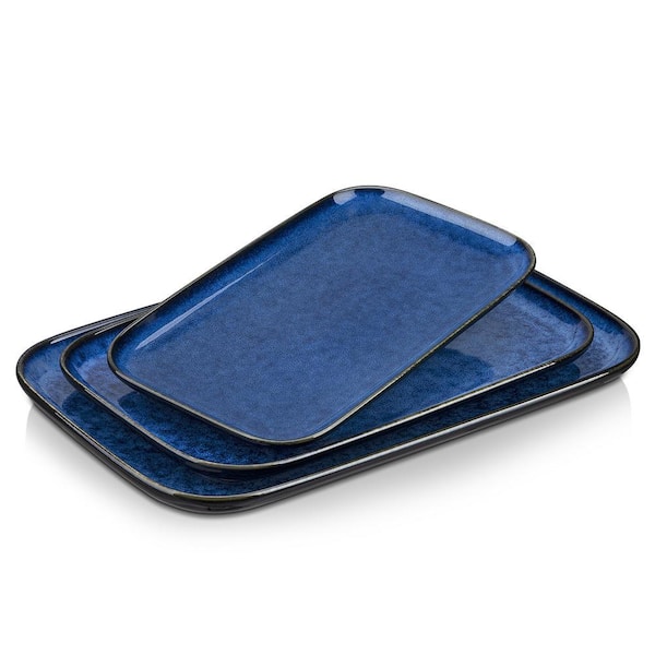Blue Serving Platter and Tray Set Stoneware Serving Plates Set of 3 Rectangular Serving Dish for Desserts Side Dishes