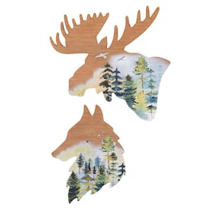 18 in. and 15.75 in. Moose and Wolf Wood Decorative Sign (Set of 2)