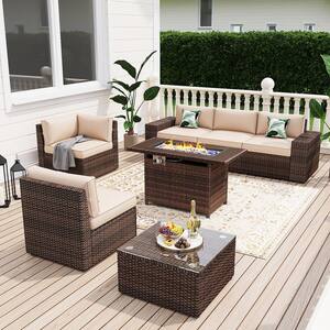 7-Piece Outdoor Rattan Wicker Set Covers Sectional Set with Fire Pit Table, Brown Cushions