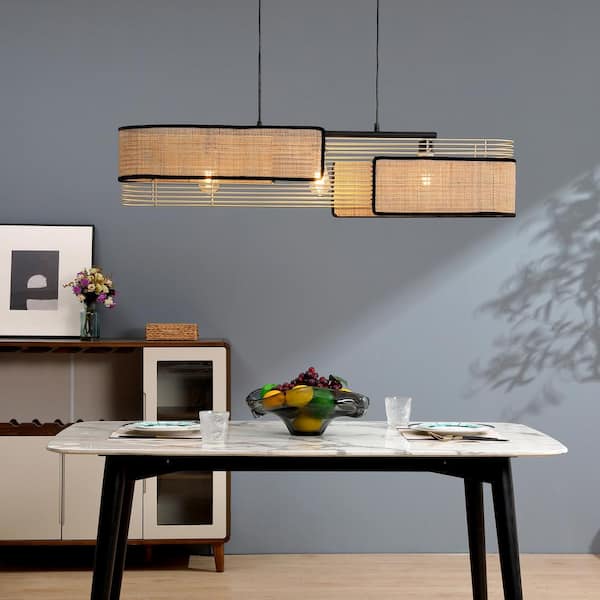 Mazal 60-Watt, 3-Light Island Pendant Light with Natural Bamboo Wicker Shade, No Bulbs Included