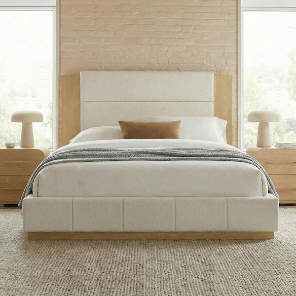 White Rubber Wood Frame King Platform Bed with Extended Wood Headboard and Wood Base
