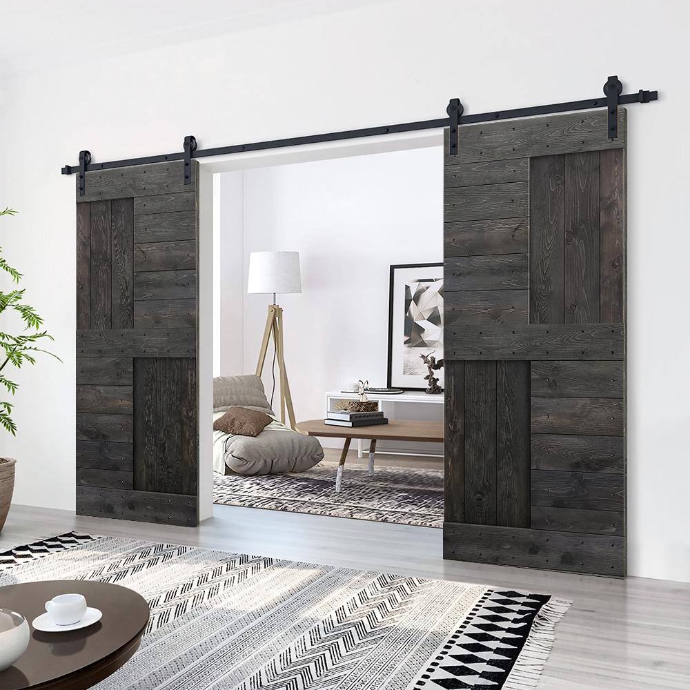 84'' Charcoal Black Solid Wood Barn Door Kit with Matte Black Hardware