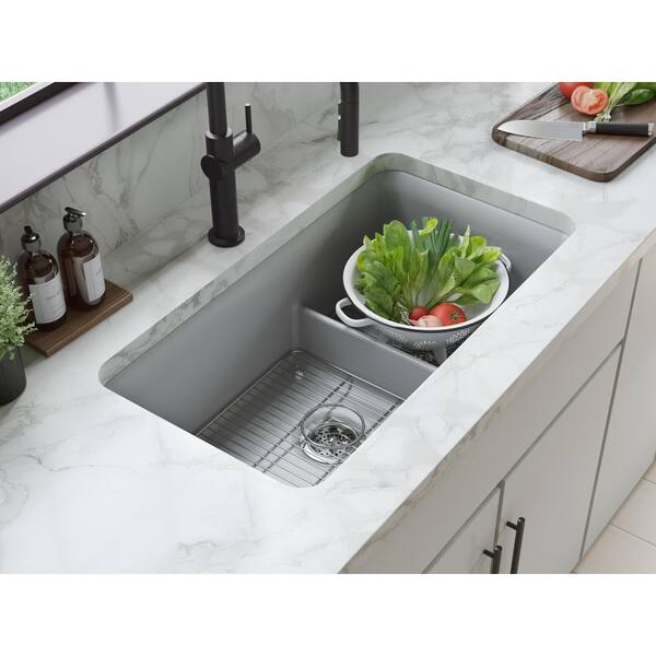 KOHLER Cairn Matte Grey Granite Composite 33 .5 in. Double Bowl Undermount Kitchen Sink