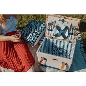 13-Piece Natural Canvas Steamed Willow and Linen Fabric Boardwalk Picnic Set and Basket (Set for 2)