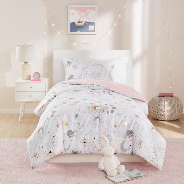 Ariella 3-Piece Blush/Gold Twin Polyester Starry Sky Metallic Comforter Set with Throw Pillow