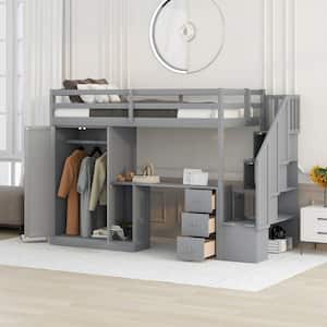 Multifunctional Gray Twin Size Wooden Loft Bed with Wardrobe, Cabinet, Desk, Drawers And Storage Staircase