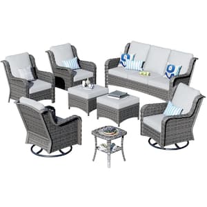 Oreille Grey 8-Piece Wicker Outdoor Patio Conversation Sofa Set with Swivel Rocking Chairs and Light Grey Cushions