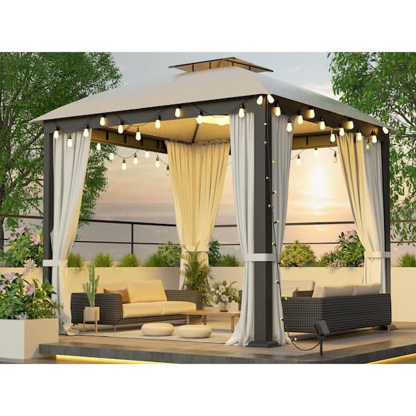 10 ft. x 10 ft. Black Galvanized Steel Frame Double Roof Outdoor Gazebo Canopy with Netting and Curtains
