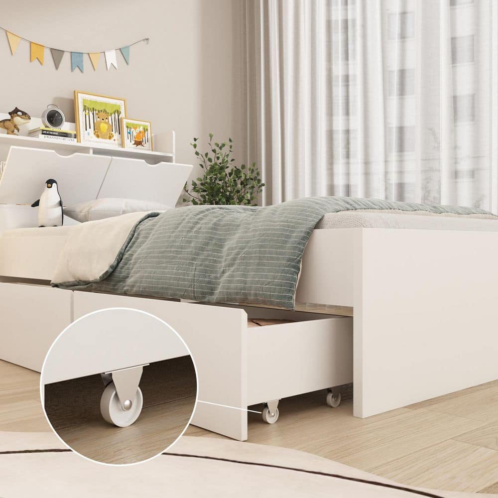 White Wood Frame Twin Bed Platform Bed Storage Bed with 3-Wheels Drawers and Headboard - thumbnail 7