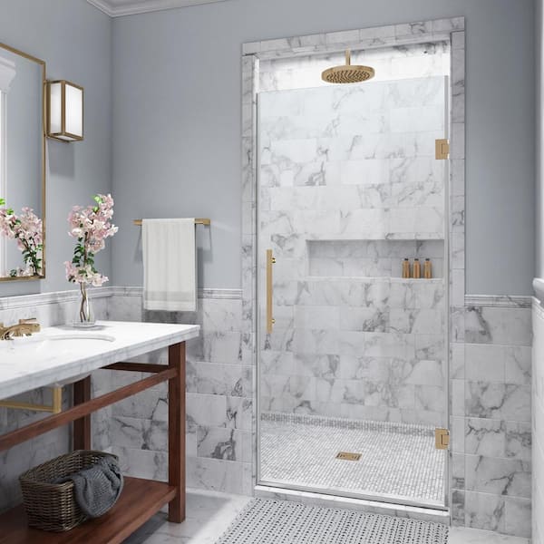 Kinkade 22.75 in. to 23.25 in. W x 72 in. H Frameless Hinged Shower Door with StarCast Clear Glass in Brushed Gold