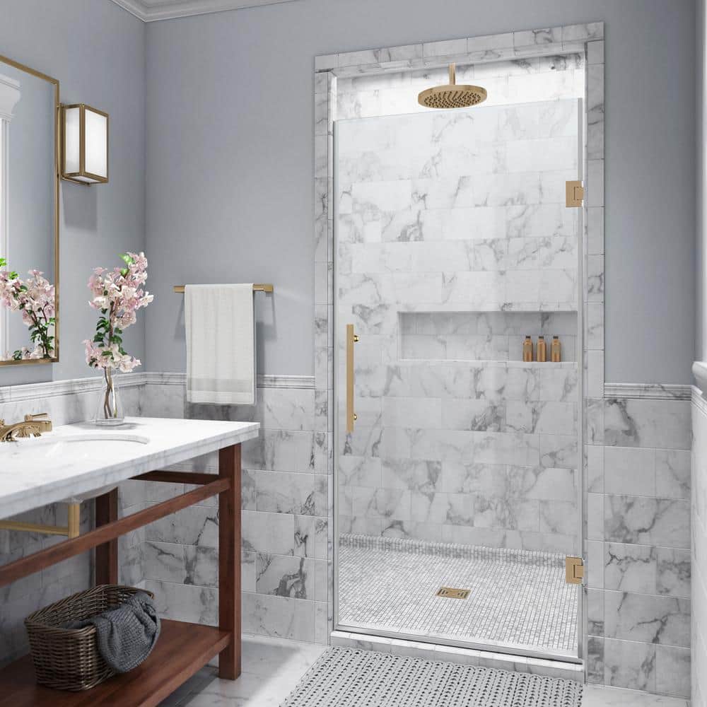 Kinkade 31.75 in. to 32.25 in. W x 72 in. H Frameless Hinged Shower Door with StarCast Clear Glass in Brushed Gold price history on PriceWatchPro