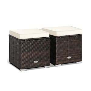2-Pieces Brown Wicker Outdoor Ottoman with White Cushion