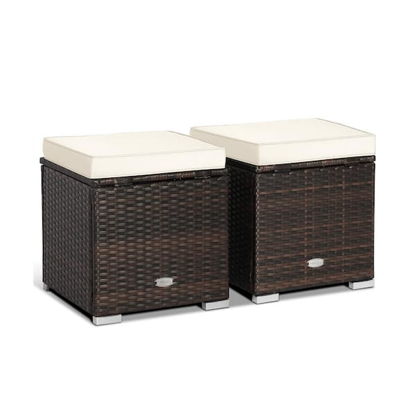 WELLFOR 2-Pieces Brown Wicker Outdoor Ottoman with White Cushion