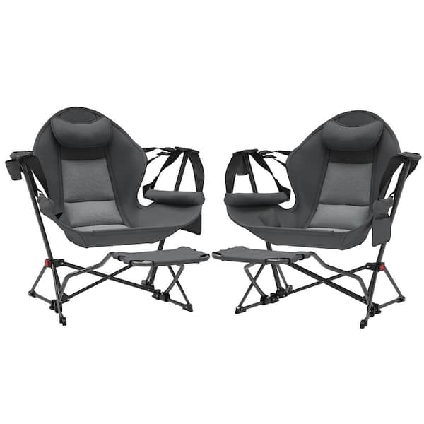 Hammock Camping Chair Set of 2, Adjustable Back Folding Rocking Chair with Cup Holder and Padded Seat, Dark Gray