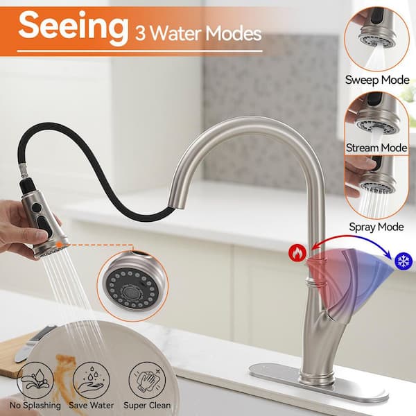 Single-Handle Pull-Down Pull-Out Sprayer 3 Spray High Arc Kitchen Faucet With Deck Plate in Brushed Nickel