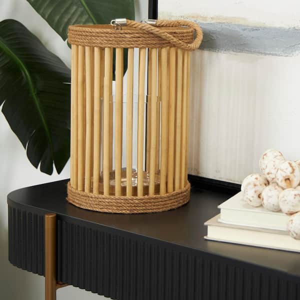 Litton Lane 13 in. H Brown Bamboo Handmade Open Framed Caged Candle Lantern with Rope Handle