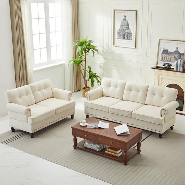 JEAREY Modern 2-Piece Beige Chenille Loveseat and Sofa Living Room Set with Nailhead Trim and Rubberwood Legs