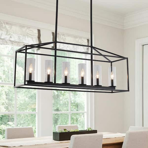 6-Light Black Geometric Candle Design Linear Island Chandelier Lighting with Glass Shade for Kitchen Island