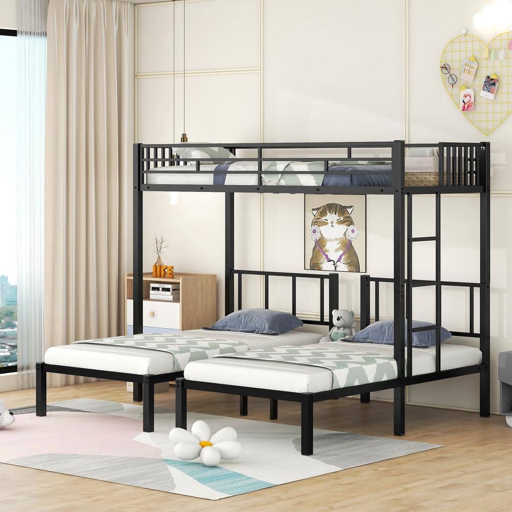 Quad Bunk Beds with Slide L-Shape Bunk Bed for 4 Twin Over Twin Metal  Bunked Frame for Kids Boys Girls Teens, Black