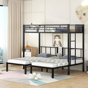 Black Metal Twin Triple Bunk Bed, Triple Bunk Bed with Ladder and Guardrails, Can be Separated into 3-Twin Beds