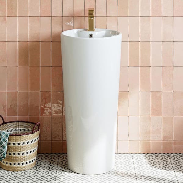 15.55 in. W x 15.55 in. D Circular Ceramic Bathroom Pedestal Sink in Glossy White with Single Faucet Hole and Overflow