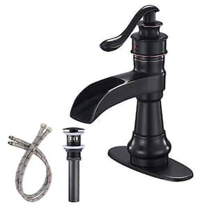 Single Handle Single Hole Waterfall Bathroom Sink Faucet with Drain Kit and Deck Plate Included in Oil Rubbed Bronze