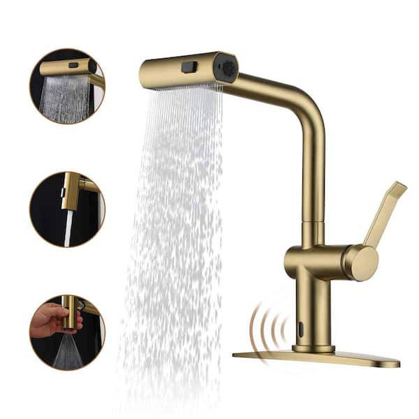 Single Handle Touchless Pull Down Sprayer Kitchen Faucet with Motion Sense Wave, Power Boost in Brushed Gold