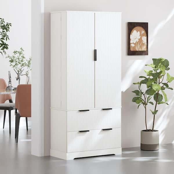 2-Shelf White MDF Modern Fluted Freestanding Pantry Organizer Storage Cabinet with 2 Large Drawers, 8-Door Spice Racks