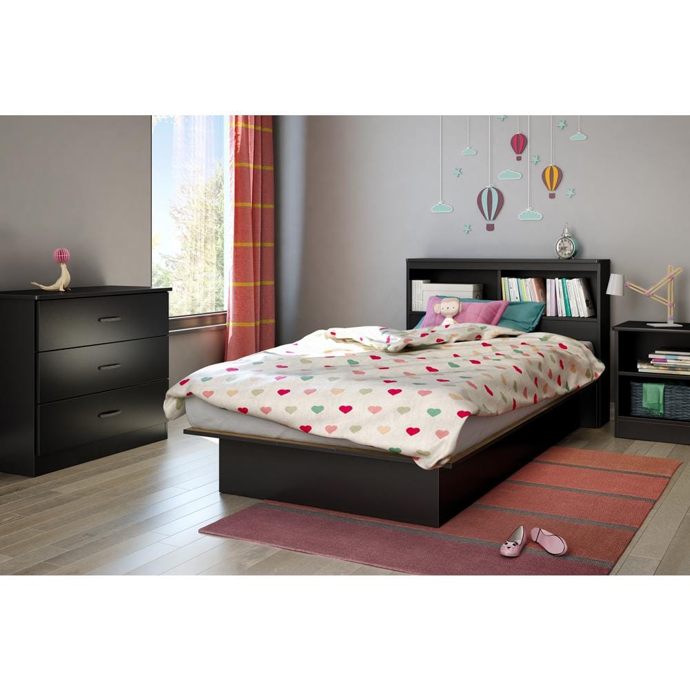 Libra Pure Black Twin Platform Bed with Drawer and Slats