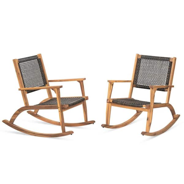 2-Pieces Dark Brown Acacia Wood Outdoor Rocking Chair with Wicker Rattan Seat and Backrest