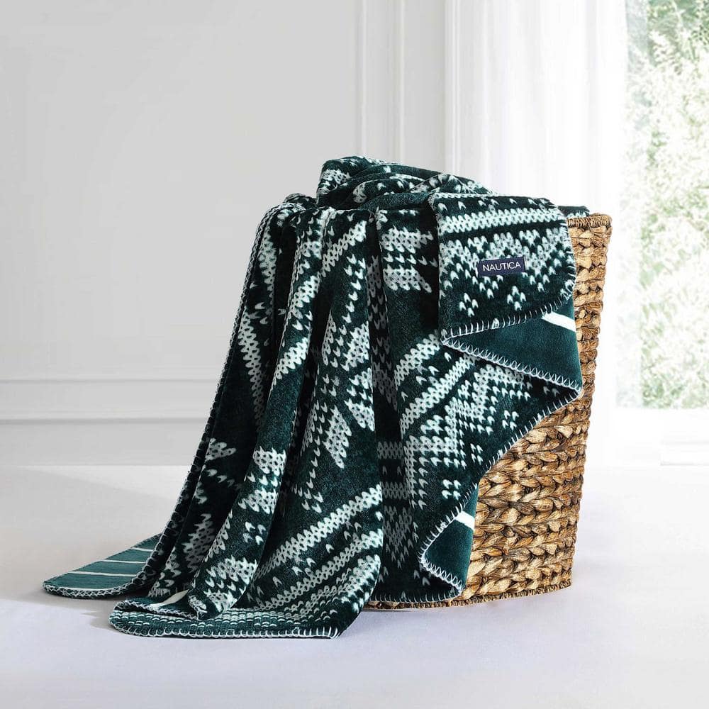 Green and White Knitted Fleece Reversible Throw Blanket