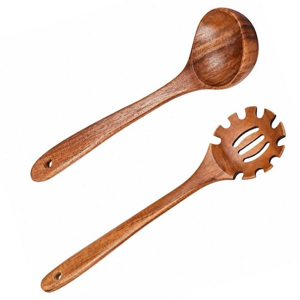 Teak Wood Soup Ladle and Slotted Pasta Fork Strainer Spoon Set for Serving Collecting Noodle, Gravy and Sauce