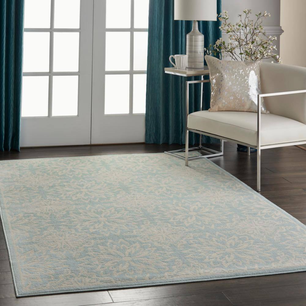 Elegant Ivory/Green Floral Synthetic 5'3" x 7'3" Easy-Care Rug