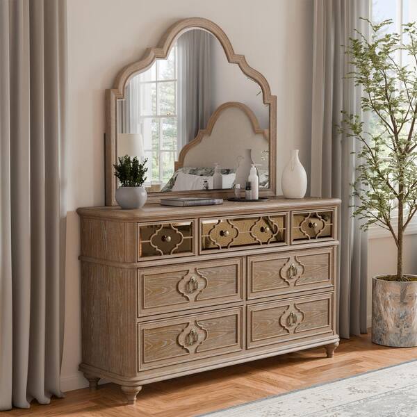 Furniture of America Brightwell Rustic Oak 7-Drawer 64 in. Wide Dresser with Mirror