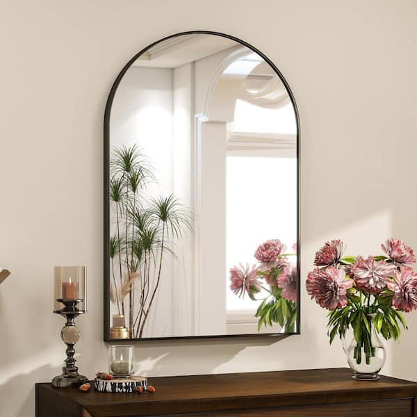 Black 20 in. W x 30 in. H Arched Modern Bathroom Vanity Wall Mirror Aluminum Alloy Framed Mirror