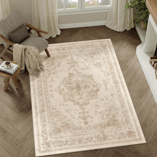 Persia Beige 5 ft. x 7 ft. Vintage Medallion Distressed Area Rug