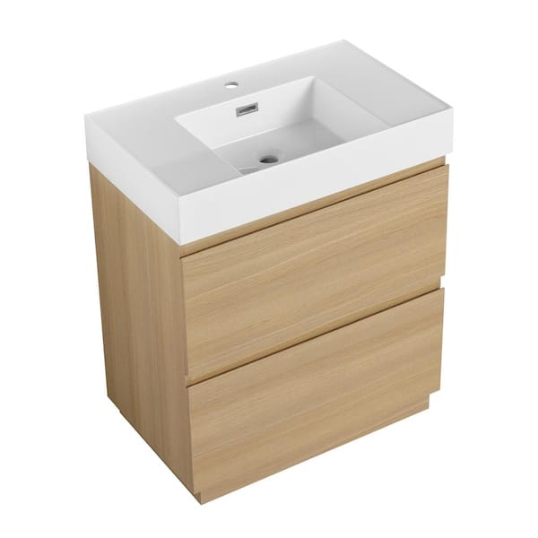 29.53 in. W x 18.11 in. D x 35.35 in. H Freestanding Bath Vanity in Light Brown with White Resin Vanity Top