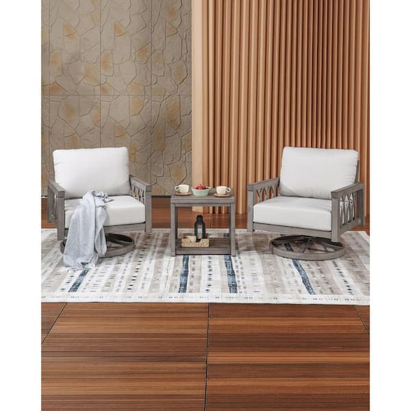 3-Piece Limed Oak Gray Aluminum Patio Conversation Set 2 Swivel Armchairs Sofa Chairs and Side Table with White Cushions