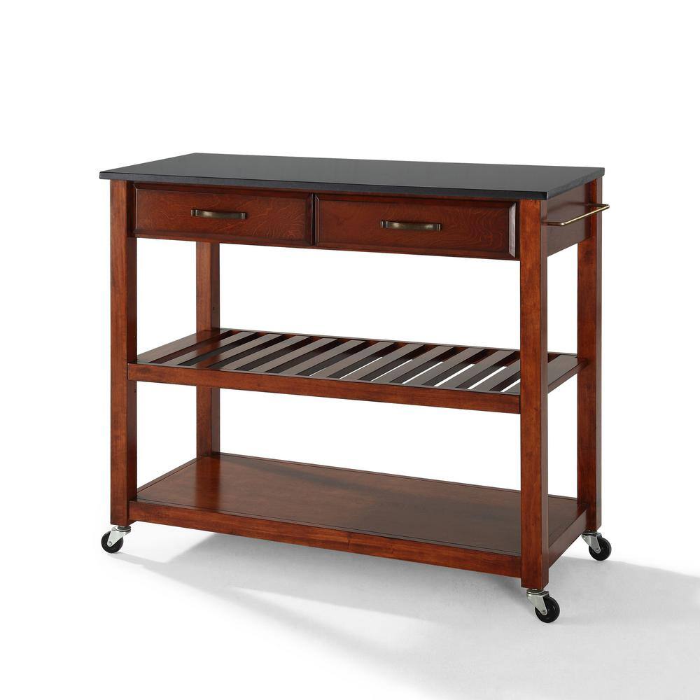 Cherry Wood Kitchen Cart with Black Granite Top and Wine Rack