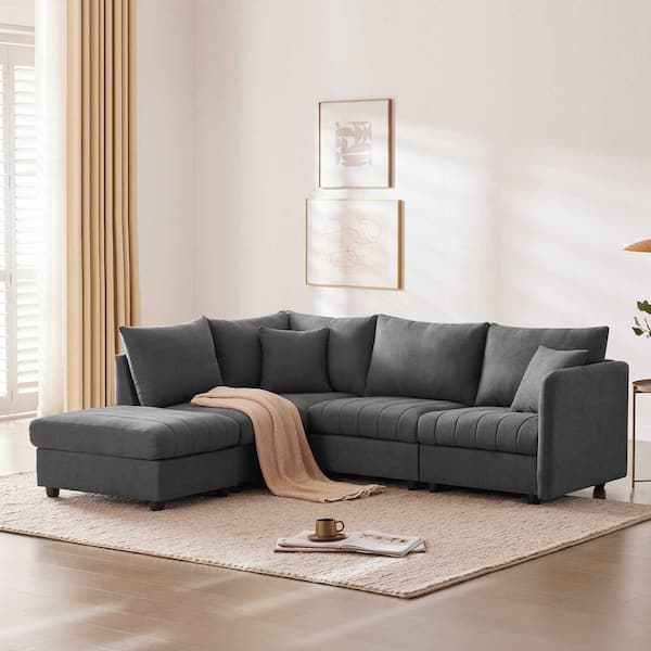 Polibi 89 in. Square Arm Fabric L-Shaped Sofa with Vertical Stripes in Dark Gray