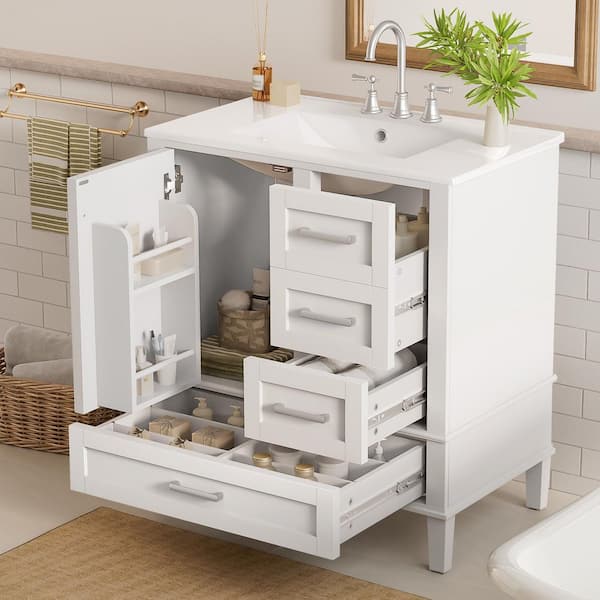 30 in. White Bathroom Vanity with White Ceramic Sink Top with Soft-Closing Door and Drawers
