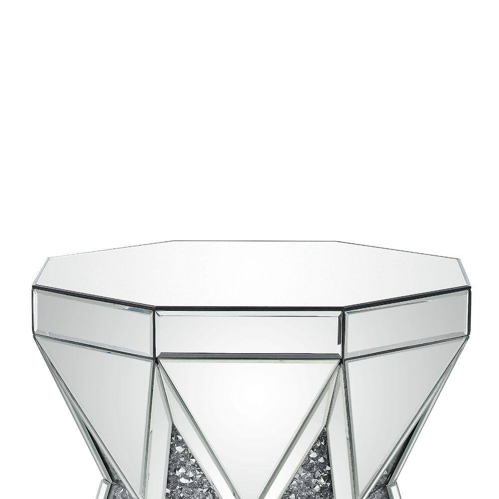 Faceted Round Mirrored Wood End Table with Faux Diamonds - Silver