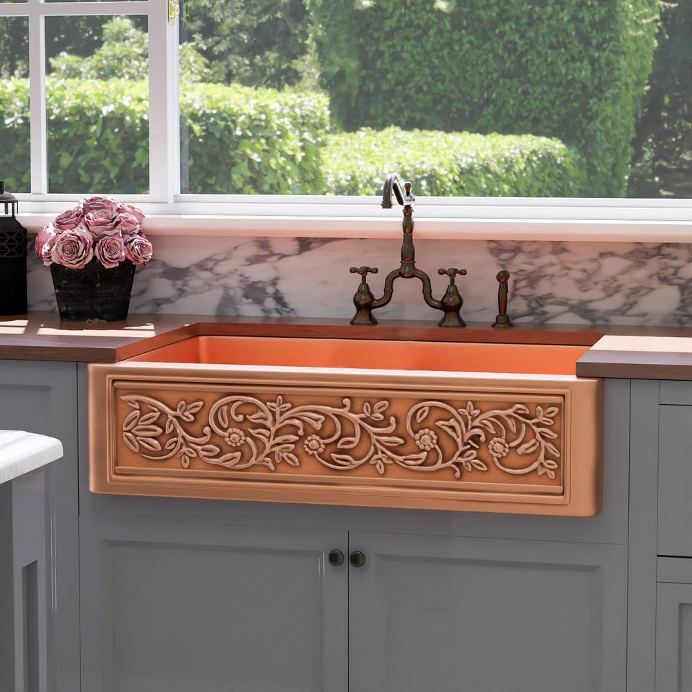Embossed Antique Copper Farmhouse Apron Front Sink