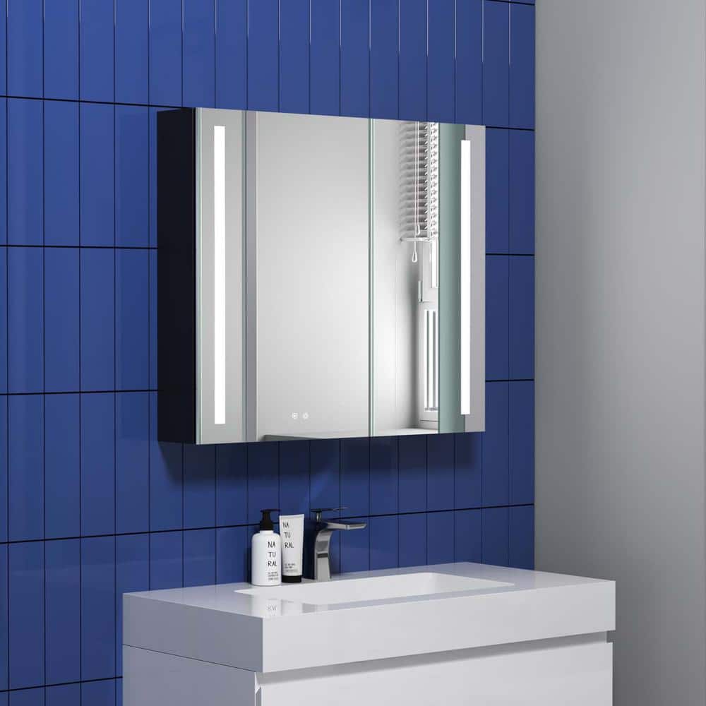 Large 30 in. W x 26 in. H Rectangular Glass Medicine Cabinet with Mirror, L