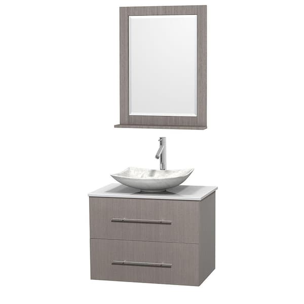 Wyndham Collection Centra 30 in. Vanity in Gray Oak with Solid-Surface Vanity Top in White, Carrara Marble Sink and 24 in. Mirror