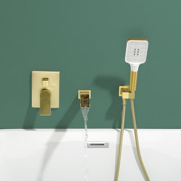 Single-Handle Wall Mount Waterfall Roman Tub Faucet with Hand Shower in. Brushed Gold
